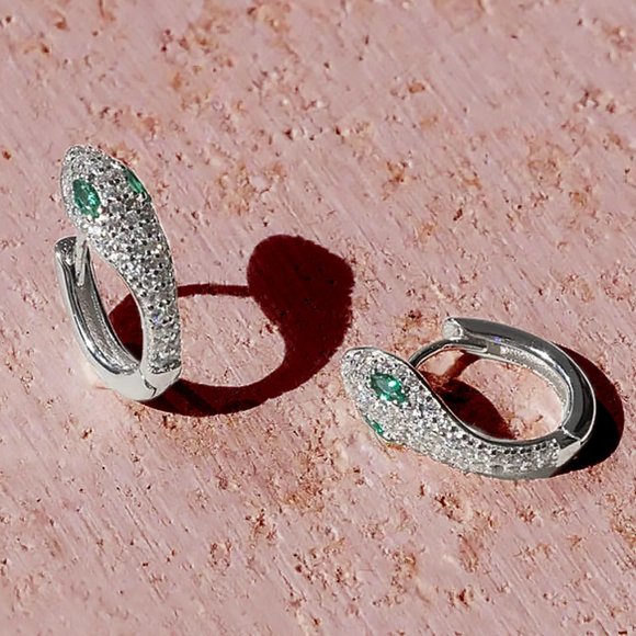 Dainty Tiny Serpent Hoop Earrings with Emerald Simulant CZ Stones NEW Stamped925 - Picture 6 of 7